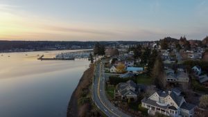 Sunset over Liberty Bay Fjord downtown Poulsbo WA 98370